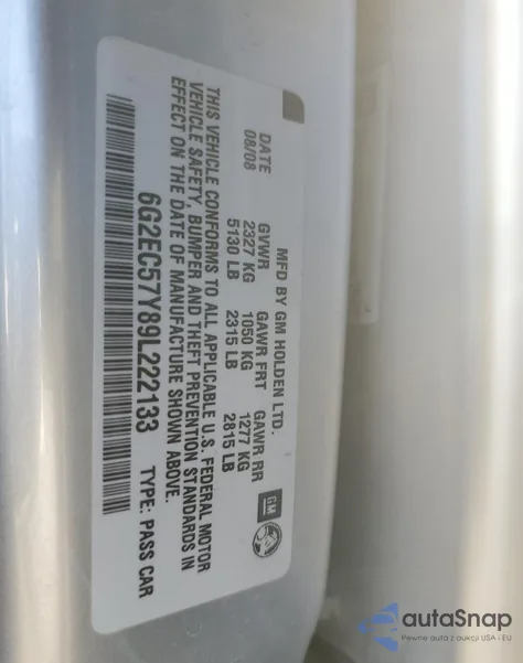 2009 Pontiac G8 Gt z USA, uszkodzony, nr VIN 6G2EC57Y89L222133